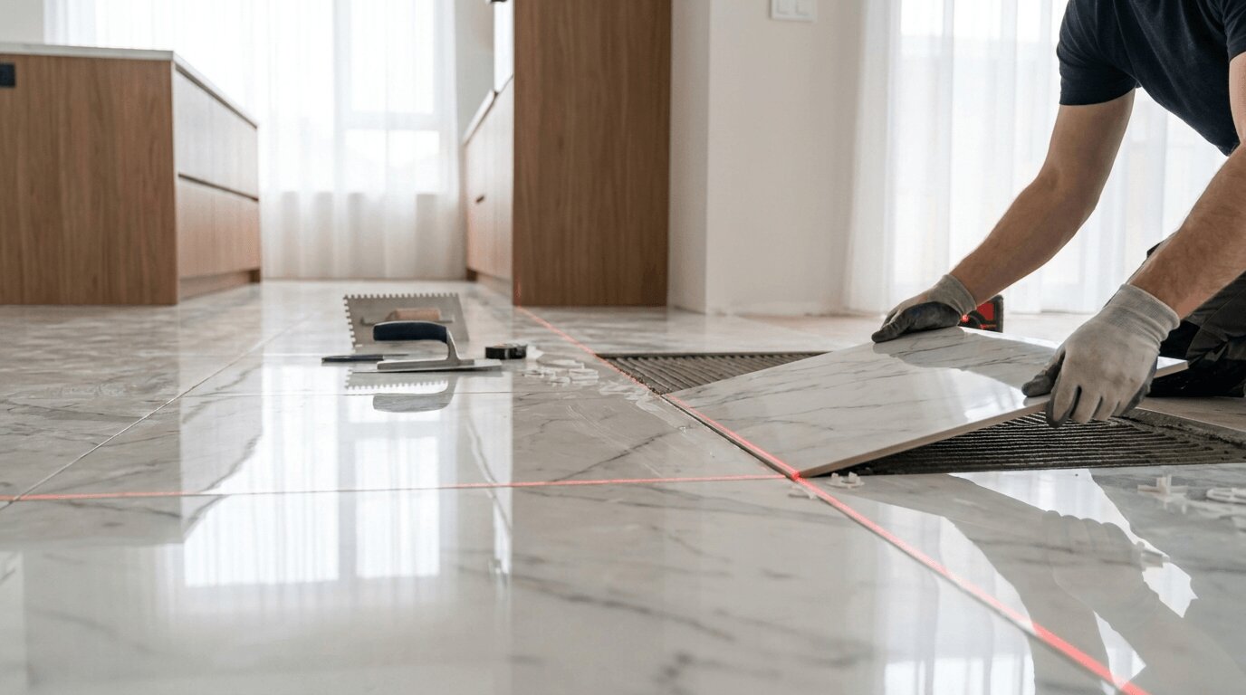 Living room perfectly aligned floor tile laying